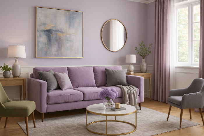 دکوراسیون اتاق نشیمن با تم یاسی